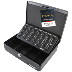 Caja de seguridad HMF con cerradura y bandeja para monedas, negra.