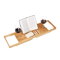 Relaxdays Extendable Bamboo Bathtub Tray 70–105 cm, Book Holder with Glass Shelf, Natural