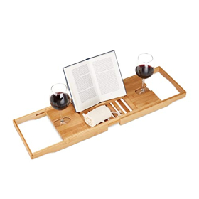 Relaxdays Extendable Bamboo Bathtub Tray 70–105 cm, Book Holder with Glass Shelf, Natural