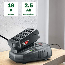 Стартовый комплект Bosch 18 В: аккумулятор 2,5 Ач и зарядное устройство для инструмента.