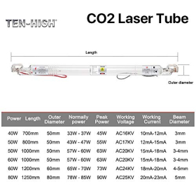 Tubo láser de vidrio CO2 TEN-HIGH de 50 mm de diámetro, 700 mm de longitud, 40 W para grabado DIY