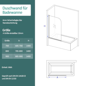 Mampara de ducha/bañera EMKE de 80x140 cm, plegable, de cristal de seguridad de 6 mm.