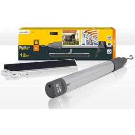 Sistema de control remoto para toldos de alta gama para hogares inteligentes, con panel solar, batería y fuente de alimentación de Schellenberg.
