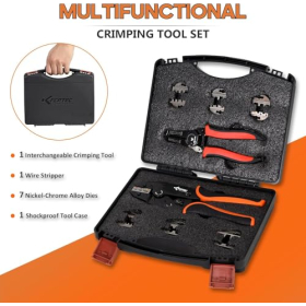 Juego de herramientas de crimpado KF CPTEC de 9 piezas con accesorios intercambiables para terminales de cable y conectores solares.