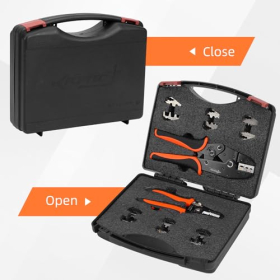 Juego de herramientas de crimpado KF CPTEC de 9 piezas con accesorios intercambiables para terminales de cable y conectores solares.