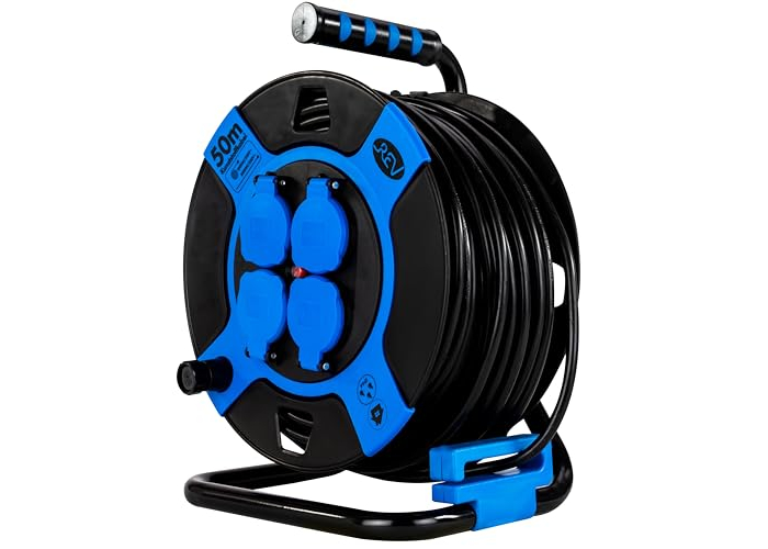 REV cable reel IP44 for outdoor use, 4 safety sockets, 50m, black REV cable reel IP44 for outdoor use, 4 safety sockets, 50m, black