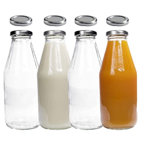 Mikken 4 Glasflaschen 500 ml mit silbernen Deckeln, Ersatzdeckeln und Etiketten