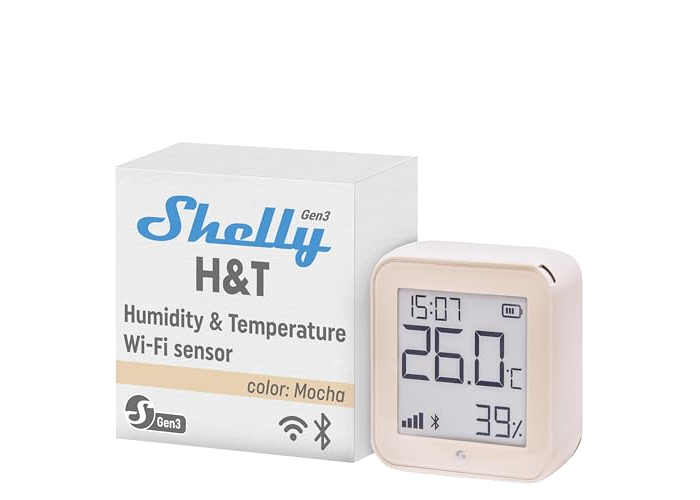 Датчик температуры и влажности H&T Gen3 Mokka Shelly с WiFi Датчик температуры и влажности H&T Gen3 Mokka Shelly с WiFi