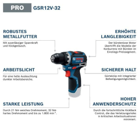 Аккумуляторная дрель-шуруповерт Bosch Professional GSR 12V-32 с бесщеточным двигателем