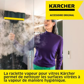 Raspador de vapor Kärcher para ventanas: limpieza impecable y sin marcas gracias a su borde de goma flexible.