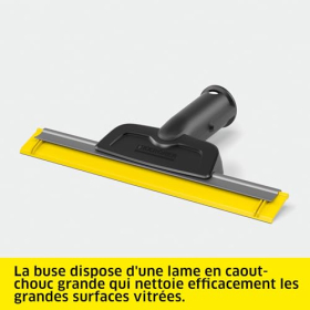 Raspador de vapor Kärcher para ventanas: limpieza impecable y sin marcas gracias a su borde de goma flexible.