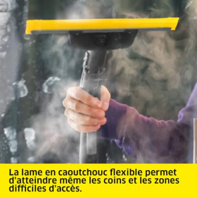 Raspador de vapor Kärcher para ventanas: limpieza impecable y sin marcas gracias a su borde de goma flexible.
