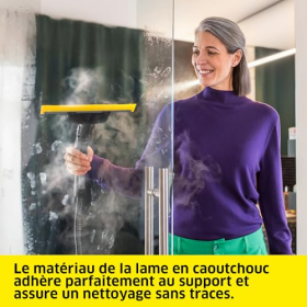 Raspador de vapor Kärcher para ventanas: limpieza impecable y sin marcas gracias a su borde de goma flexible.