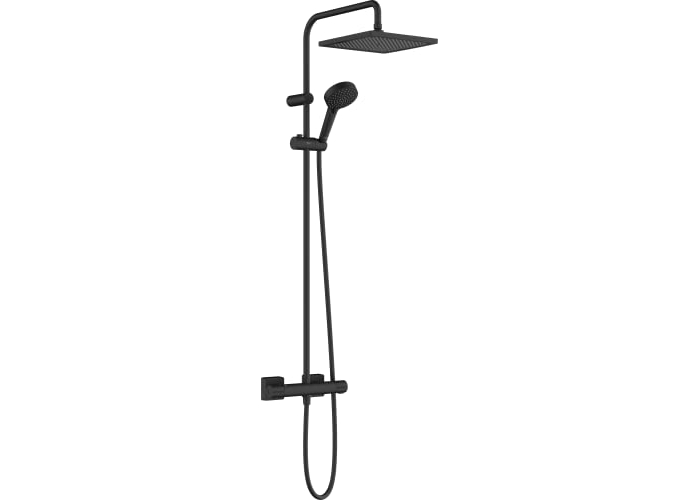 Duschsystem mit Thermostat, Regenbrause (240 x 240 mm) mit Mischbatterie, Handbrause (2 Strahlarten), Schlauch, Duschstange und Eck-Kopfbrause (1 Strahlart), mattschwarz Duschsystem mit Thermostat, Regenbrause (240 x 240 mm) mit Mischbatterie, Handbrause (2 Strahlarten), Schlauch, Duschstange und Eck-Kopfbrause (1 Strahlart), mattschwarz