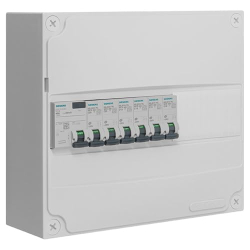 Siemens pre-assembled electrical distribution board, single row, 13 modules with 6 circuit breakers and residual current device (RCD).