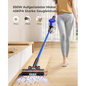 Fieety 550W/45000Pa Akku Staubsauger, 60 Min Staubsaugen Kabellos, Super Leise, 6in1 Aroma Akkustaubsauger mit Ladestation, Tierhaardüse, 99,9% Filterleistung für