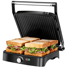 Aigostar Calore - Electric grill, sandwich maker and panini machine, non-stick coating, temperature control, 180° opening, floating top plate, 1800 W, BPA-free