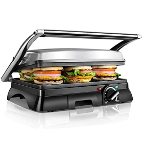 Aigostar Samson - grill eléctrico, grill, panini, sandwichera, 2000 W. Controlador de temperatura, apertura de 180°, revestimiento antiadherente, placa superior flotante