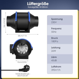 Tisey Leiser 100 mm Rohrventilator, einstellbar