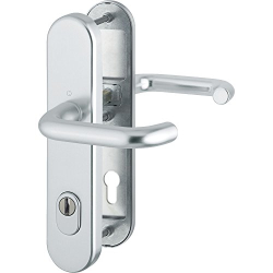 Manilla de puerta de entrada Hoppe Paris con placa trasera larga, aluminio, versión de seguridad