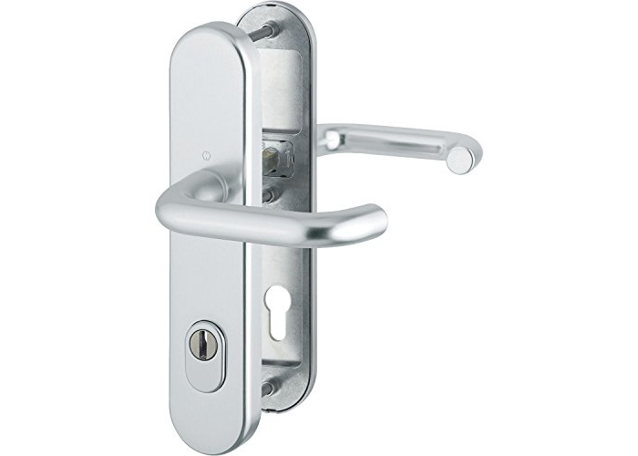 Manilla de puerta de entrada Hoppe Paris con placa trasera larga, aluminio, versión de seguridad Manilla de puerta de entrada Hoppe Paris con placa trasera larga, aluminio, versión de seguridad