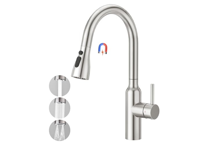 CREA High Arc - Mezclador de cocina con 3 modos de chorro, extraíble, giratorio 360°, metal cepillado, acero inoxidable CREA High Arc - Mezclador de cocina con 3 modos de chorro, extraíble, giratorio 360°, metal cepillado, acero inoxidable