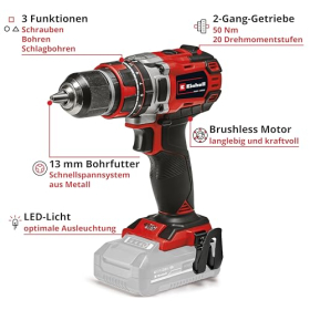 Акумуляторний ударний дриль Einhell TE-CD 18/50 Li-i BL, 18 В, 50 Нм, 2-швидкісний редуктор