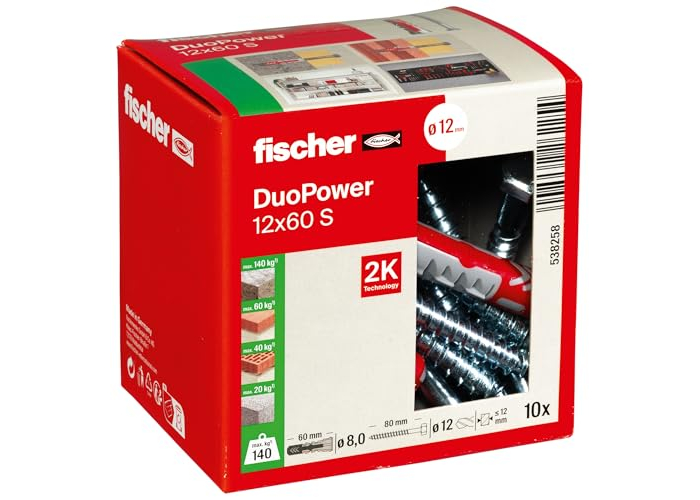 fischer DUOPOWER 12x60 S Universal Plugs & Screws, 10 pieces, for concrete & masonry fischer DUOPOWER 12x60 S Universal Plugs & Screws, 10 pieces, for concrete & masonry