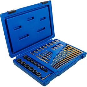 Juego de extractores de tornillos y tuercas BGS 70329 con juego de brocas para taladro a la izquierda, 49 piezas.