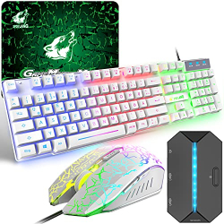 Juego de teclado y ratón para juegos con adaptador, QWERTZ, diseño alemán, retroiluminación en color, 6 botones, ratón y alfombrilla, 2400 DPI, USB con cable