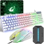 Gaming keyboard and mouse set with adapter, QWERTZ, German layout, colored backlight, 6 buttons, mouse and mouse pad, 2400 DPI, wired USB