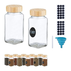 Juego de 12 botes para especias Relaxdays, con recipiente para mezclar, de cristal, 120 ml, con etiqueta, bolígrafo y embudo, transparente/natural