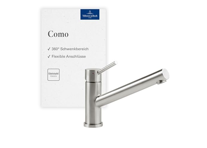 Grifo de cocina Villeroy & Boch As, de alta presión, con cartucho cerámico y radio de giro de 360°, grifo de fregadero de bajo consumo, altura del caño 135 mm, acero inoxidable macizo. Grifo de cocina Villeroy & Boch As, de alta presión, con cartucho cerámico y radio de giro de 360°, grifo de fregadero de bajo consumo, altura del caño 135 mm, acero inoxidable macizo.