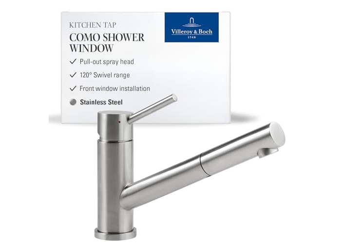 Grifo de cocina Villeroy & Boch Como para ventana de ducha, rociador extraíble de alta presión de 120°, acero inoxidable. Grifo de cocina Villeroy & Boch Como para ventana de ducha, rociador extraíble de alta presión de 120°, acero inoxidable.