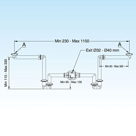 Siphon für Doppelwaschbecken, 1"-1¼", Ausgang Ø32-40 mm, Weiß