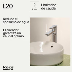 Roca L20 single-lever basin mixer tap, high spout, cold start, chrome