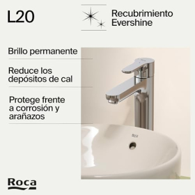 Roca L20 single-lever basin mixer tap, high spout, cold start, chrome