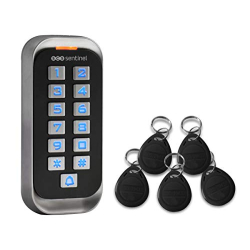 SCS Sentinel Key Code Gate – backlit wired numeric keypad with 5 RFID tags, model AAA0037, blue