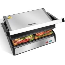 Aigostar Hett Pro - Grill eléctrico, grill, sandwichera y panini, 1500 W. Placas antiadherentes Eco-Stone. Apertura de 180°: dos superficies de cocción. Dimensiones de la placa: 27cm*17cm. Libre de BPA.