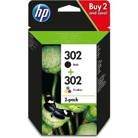 HP 302 Packung mit 2 Farbpatronen, Schwarz und Cyan, Magenta, Jaune, authentisch (X4D37AE)