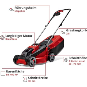 Газонокосилка Einhell City Cordless Lawnmower GE-CM 18/30 Li Kit Power X-Change (18 В, ширина кошения 30 см, площадь обработки до 150 м², бесщеточный, травосборник объемом 25 л, высота кошения 30–70 мм, аккумулятор 3,0 А·ч + зарядное устройство)