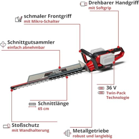 Аккумуляторный кусторез Einhell GE-CH 36/65 Li-Solo Power X-Change, литий-ионный, 36 В, длина резки 65 см, расстояние между зубьями 30 мм, вращающаяся ручка, без аккумулятора и зарядного устройства 