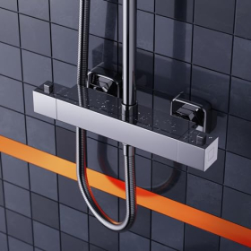 MORADO Brausebatterie mit Thermostat, 2 Abgänge, quadratische Form, verchromt, oberer Abgang 3/4„ BSP und 1/2“ BSP