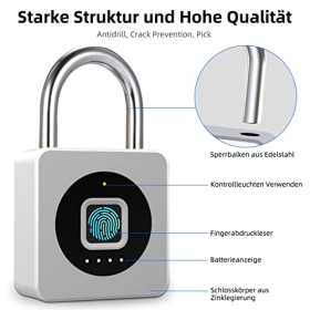 Fingerabdruck-Vorhängeschloss mit Bluetooth: Anweller sicheres Vorhängeschloss mit USB-Aufladung für Sport, Gepäck und Sicherheit zu Hause