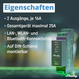 Shelly Pro 2 – Interruptor de relé para carril DIN de 2 canales con conexión Wi-Fi, LAN y Bluetooth – 25 A | Alexa y Google Home | Aplicación iOS-Android | Control de iluminación | Control remoto para válvula de motor