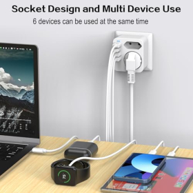 Multiple socket with 4 USB power plugs, double plug for USB socket, multiple plug for USB socket and USB C adapter, wall charger, power strip (white)