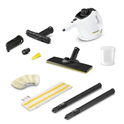 Limpiadora a vapor Kärcher SC 1 EasyFix, presión de vapor: 3 bar, tiempo de calentamiento: 3 minutos, potencia: 1.200 W, rendimiento de superficie: 20 m², depósito: 200 ml, con set de limpieza de suelos EasyFix, boquillas y funda de microfibra