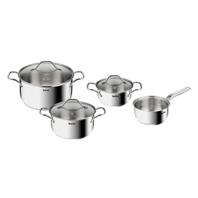 Tefal Intuition 4-piece cooking set, cooking pot 16 cm, 16 cm, 16/20/24 cm, 5 year guarantee, premium 18/10 stainless steel, size distribution, glass lid, suitable for induction