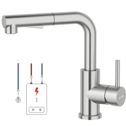 Grifo de cocina con 3 conexiones, giratorio 360°, acero inoxidable, 2 funciones de pulverización