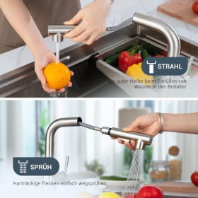 Grifo de cocina con 3 conexiones, giratorio 360°, acero inoxidable, 2 funciones de pulverización